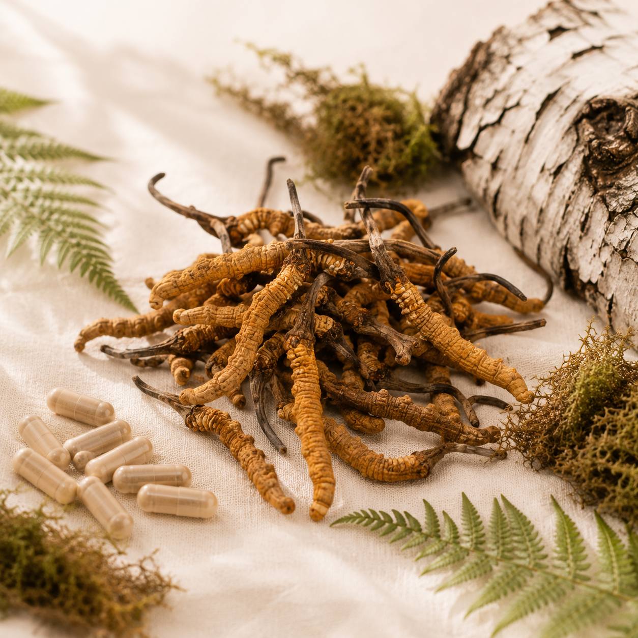 Сушені строми кордицепса (Cordyceps militaris) поруч з капсулами екстракту — Мухоморко