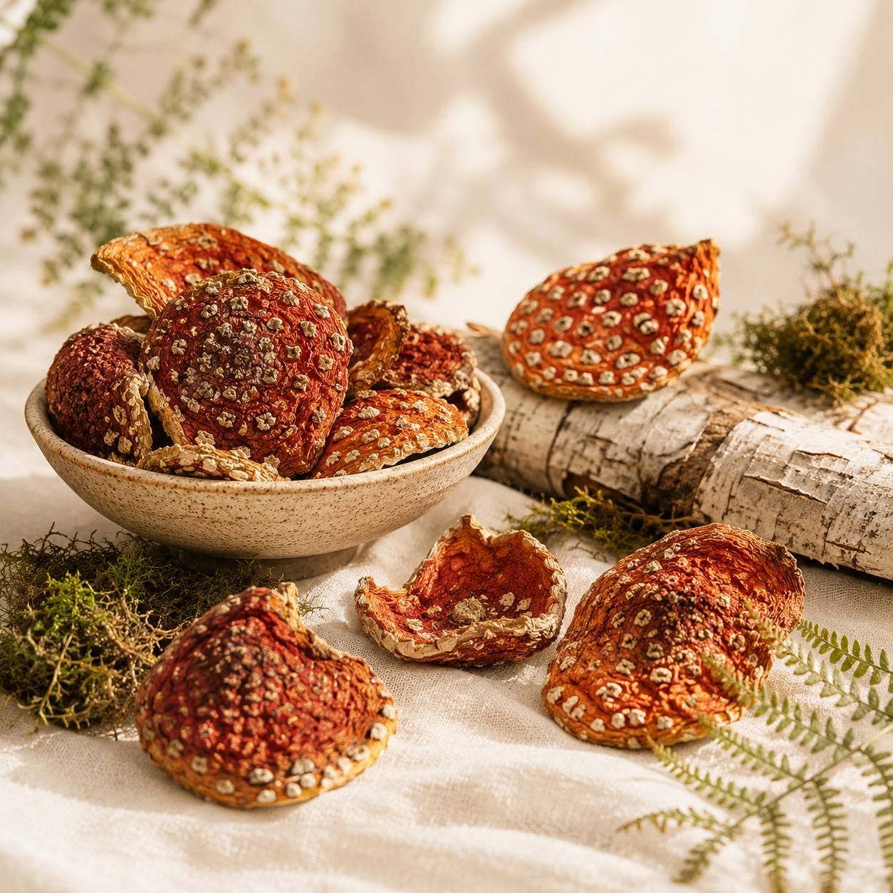 Сушені шапки мухомора червоного (Amanita muscaria) у керамічній мисці поруч з берестою — Мухоморко