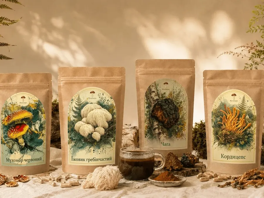 Набір 4 грибів — Amanita, Lion's Mane, Chaga, Cordyceps