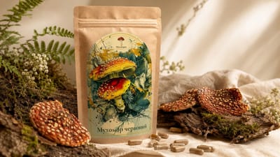 Крафт-пакет «Мухоморко» з мухомором червоним (Amanita muscaria), поруч сушені шапки та капсули. У продажу — капсули, мелений порошок, сушені шапки та цілий гриб.
