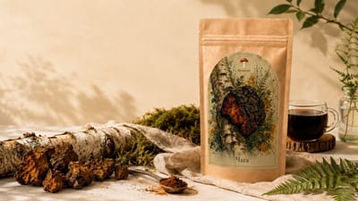 Крафт-пакет «Мухоморко» з чагою (Inonotus obliquus), поруч шматочки березового наросту з берестою та чашка чаю. У продажу — мелений порошок і шматочки для заварювання.