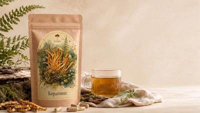 Крафт-пакет «Мухоморко» з кордицепсом мілітаріс (Cordyceps militaris), поруч чашка чаю та сушені плодові тіла. У продажу — капсули та мелений порошок.