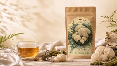 Крафт-пакет «Мухоморко» з їжовиком гребінчастим (Hericium erinaceus, Lion’s Mane), поруч чашка чаю та свіжі гриби. У продажу — капсули та мелений порошок.